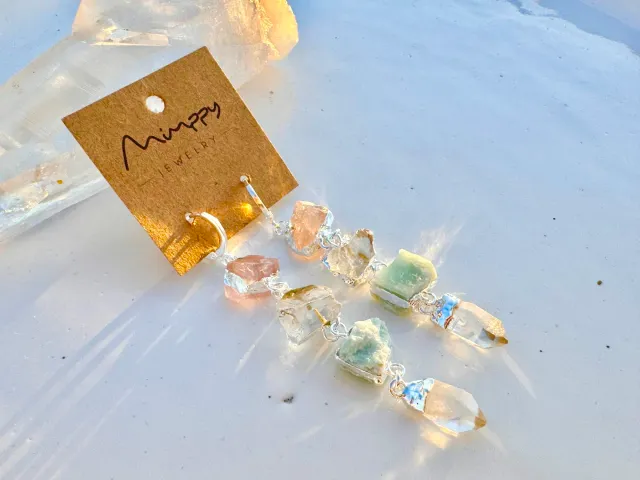 Queen Amazonite, Crystal and Rose Quartz Silver Earrings