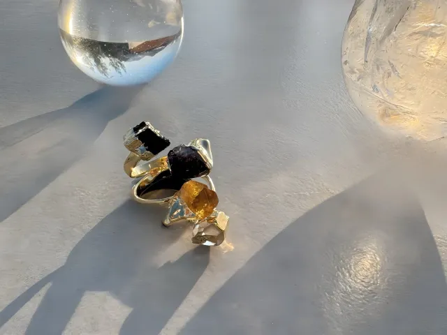 Queen Amethyst, Citrine, Crystal and Tourmaline Gold Ring
