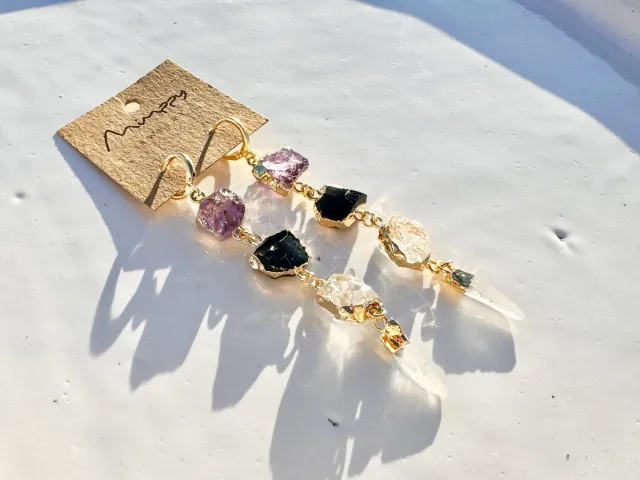 Queen Amethyst, Crystal and Tourmaline Gold Earrings
