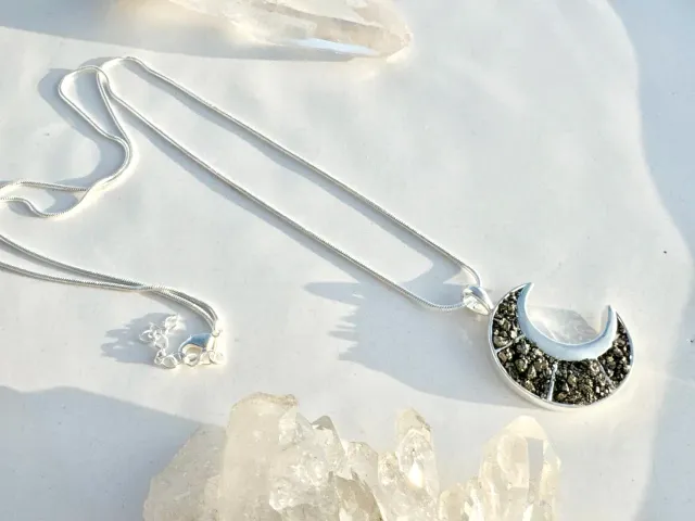 New Moon Pyrite Silver Necklace