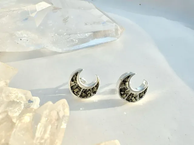 New Moon Pyrite Silver Earrings