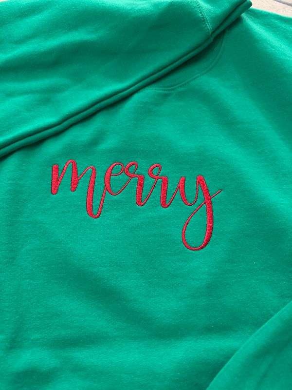 Merry Script Christmas Sweatshirt, Tee, or Long Sleeve | Boutique Embroidered Holiday Shirt | by Stephanie Ann
