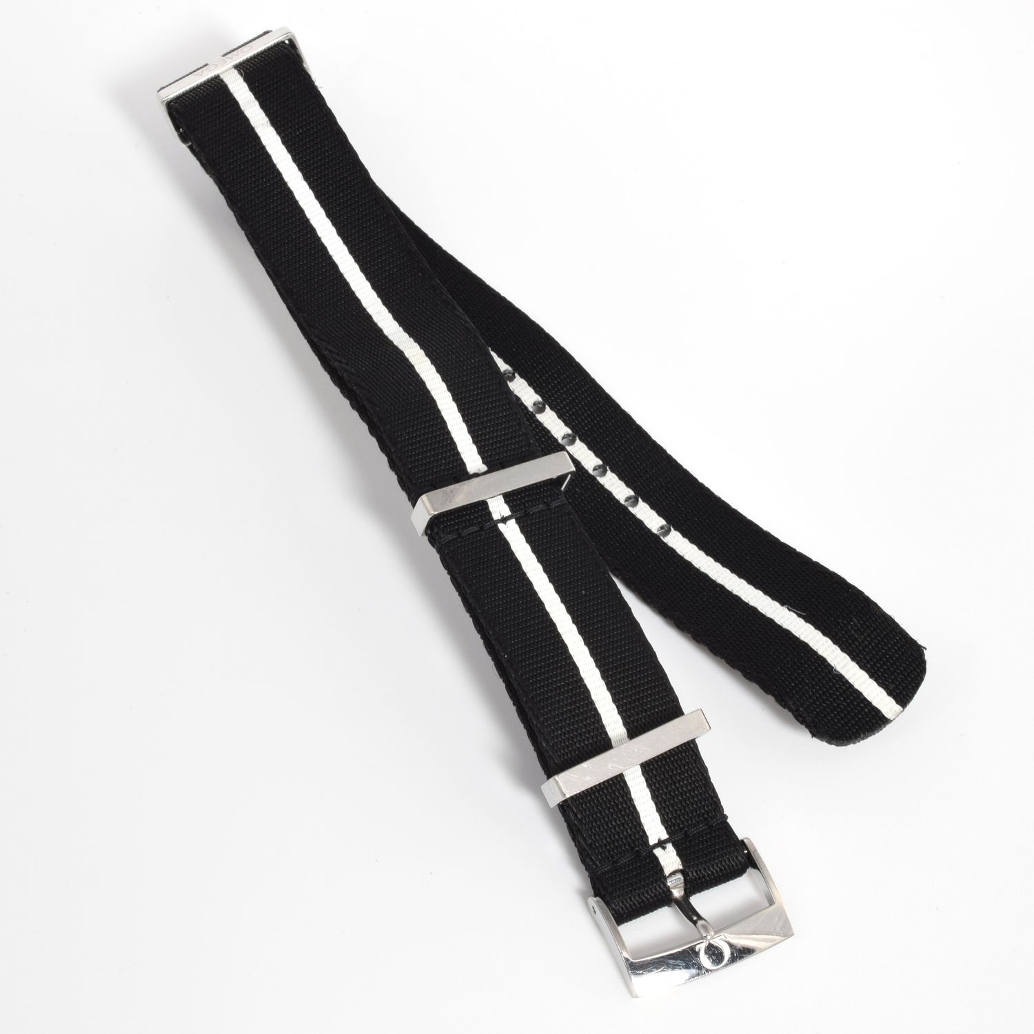 Omega NATO CWZ010699 black with white stripe 20mm to 19mm watch strap with stainless steel buckle