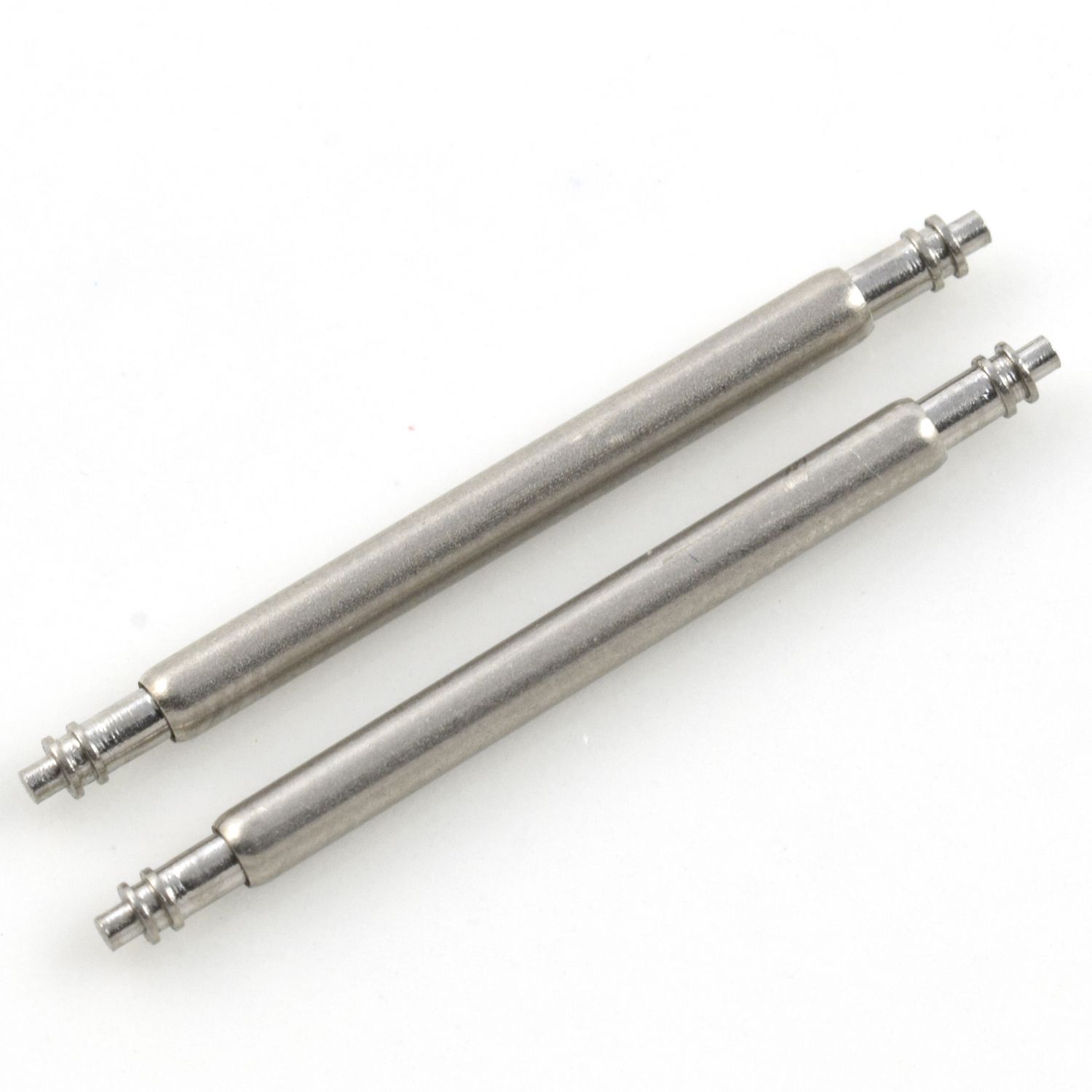 Close-up of two stainless steel spring bars with double-flanged ends, laid on a white background, compatible with Omega Seamaster straps marked CUZ014660