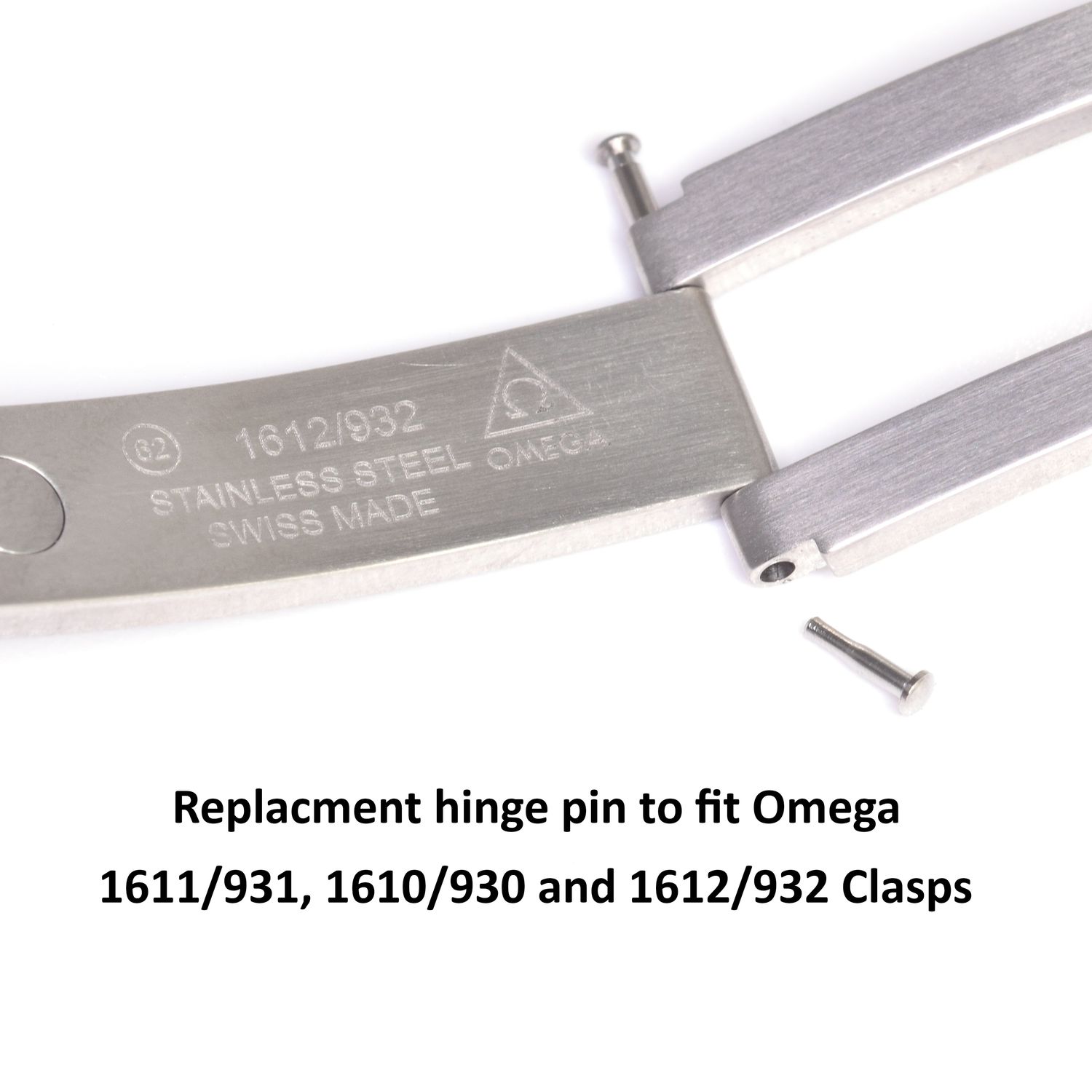 Replacement hinge pin for Omega Seamaster 1611/931, 1610/930, and 1612/932 stainless steel watch clasps