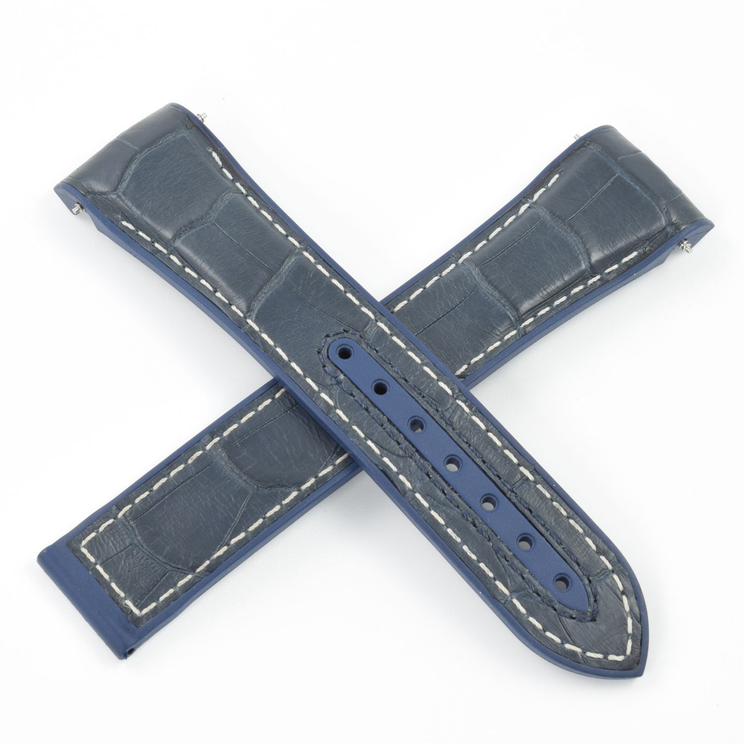Omega Planet Ocean RUZ005702 blue rubber watch strap with alligator pattern, 21mm to 18mm width – genuine Omega replacement strap