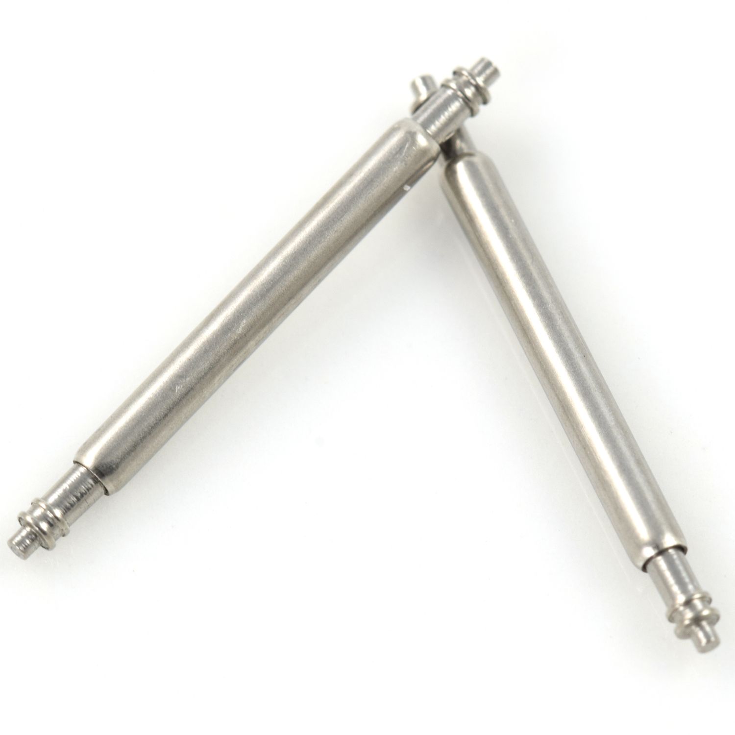 Close-up of two stainless steel spring bars with double-flanged ends on a white background, suitable for Omega Seamaster midsize bracelets