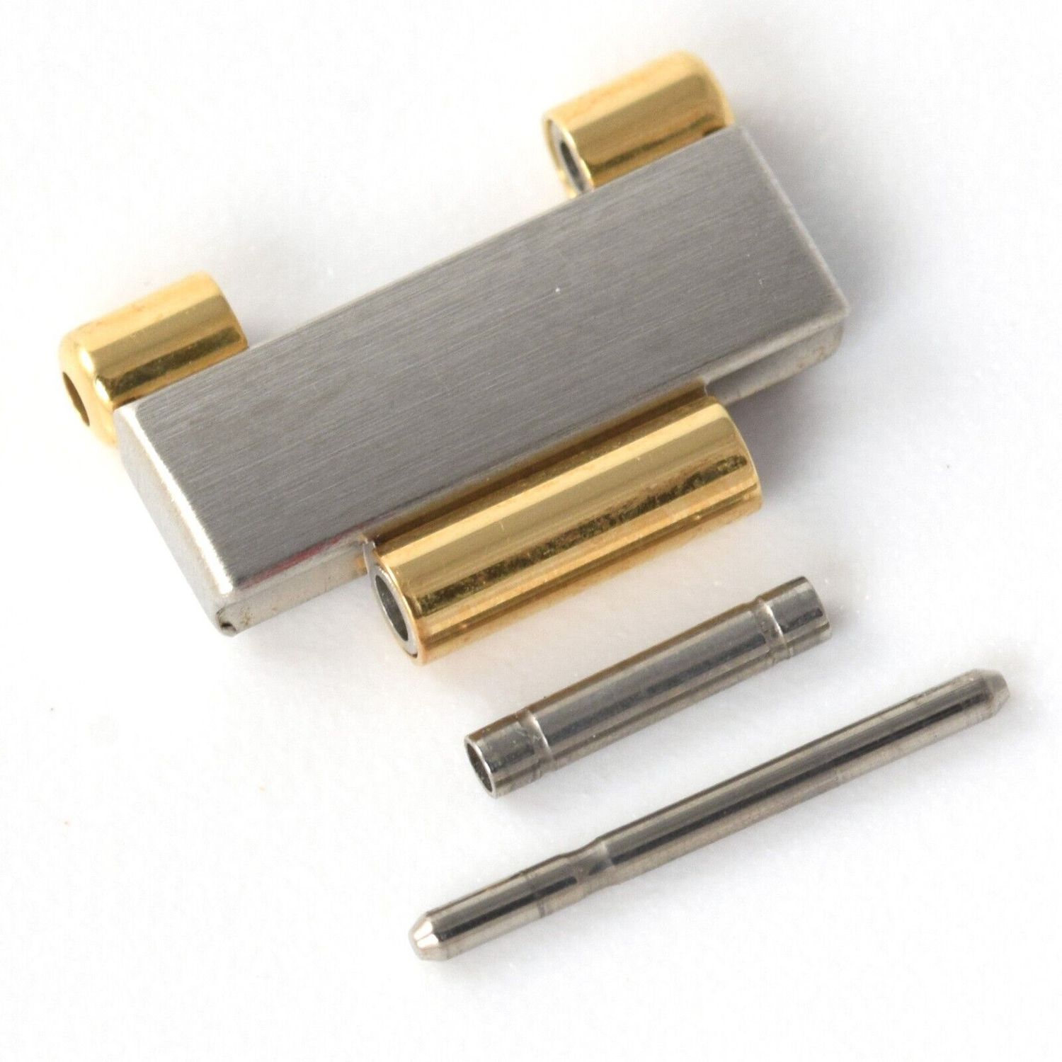Genuine Omega Constellation 6563/875 watch strap link in brushed stainless steel with 18ct yellow gold accents, 12mm wide, includes pin and tube, removed from a new bracelet.