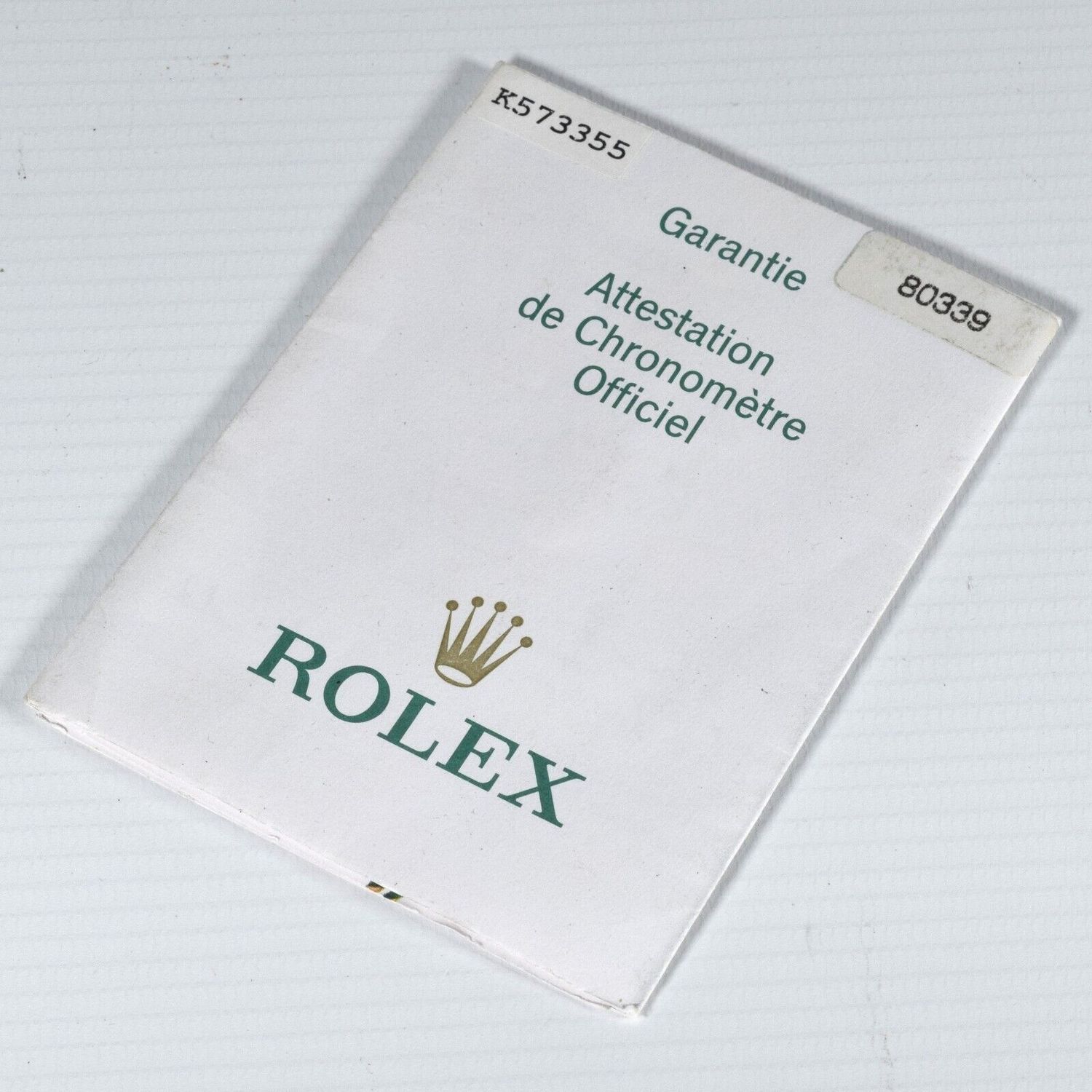 Authentic Rolex Datejust Pearlmaster 80339 chronometer certificate booklet from 2004 with serial number and model reference stickers