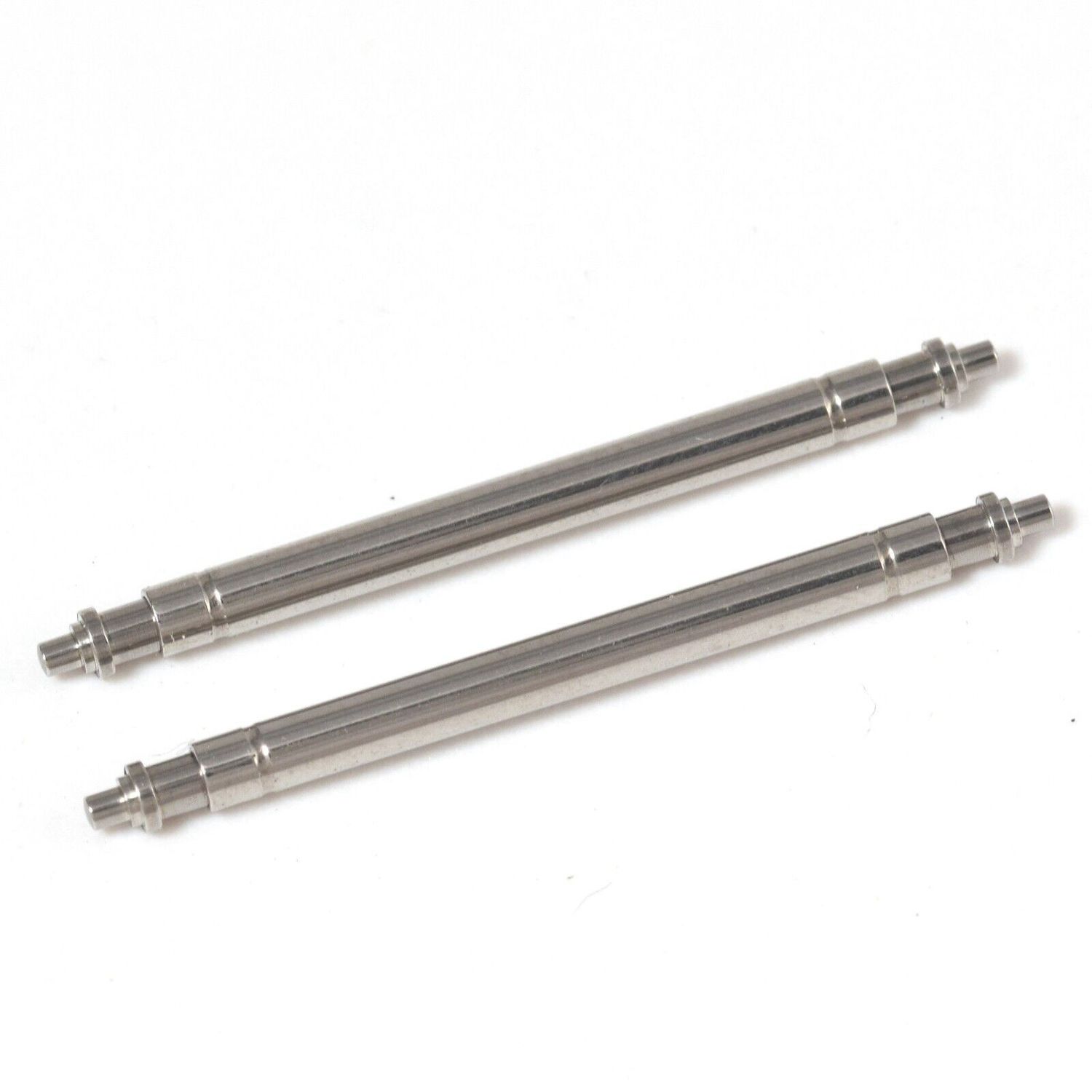 Two authentic Omega stainless steel spring bars, 24mm long and 1.8mm in diameter, with flanged ends, displayed on a white background.