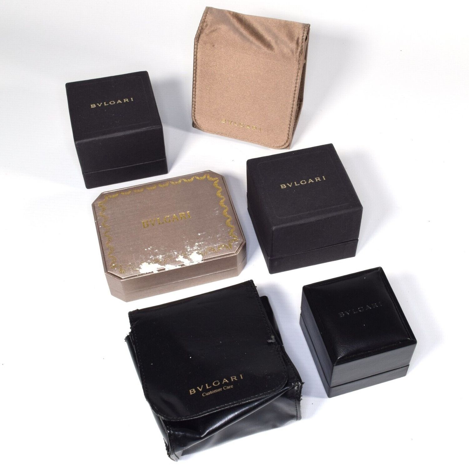 Authentic Bvlgari vintage jewellery and watch storage case set including ring boxes, leather and fabric pouches, and display boxes in used condition