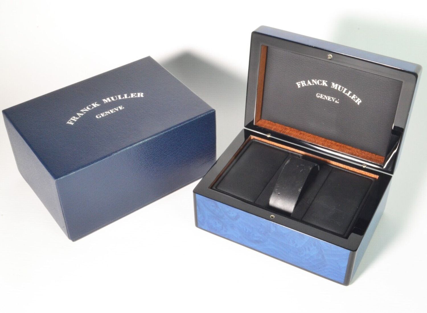Genuine Franck Muller Geneve luxury blue wooden watch box with inner black leather display case and cushion for men&#39;s timepiece storage