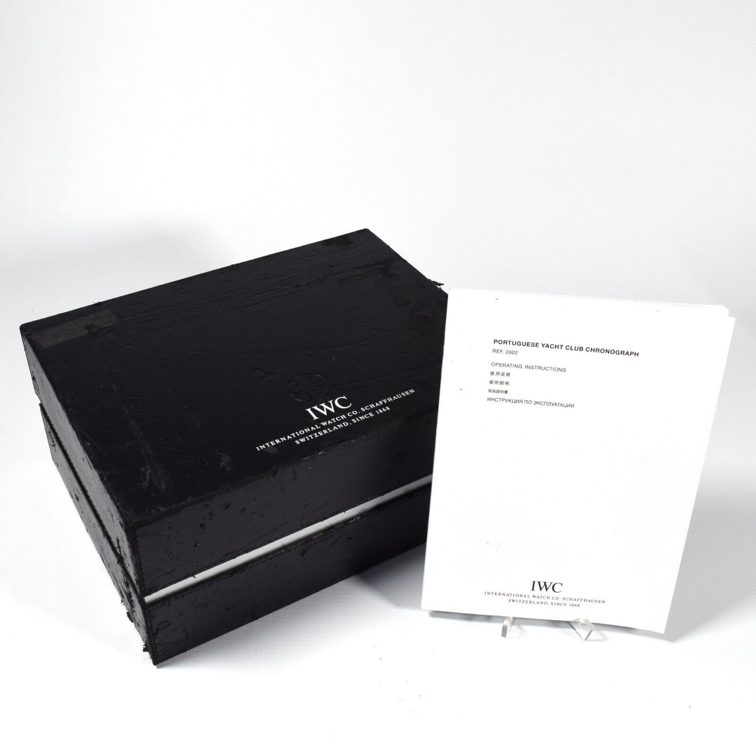 IWC Portuguese Yacht Club Chronograph Ref. 3903 original black leather presentation box from 2010, shown with multilingual operating instruction manual.