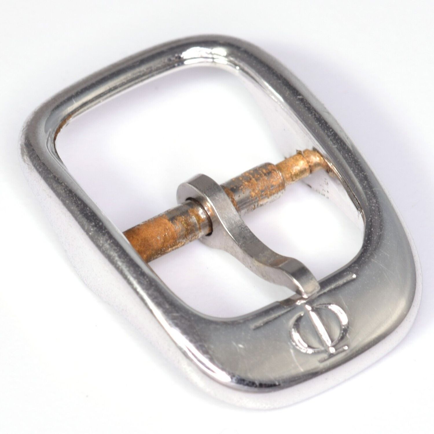 Authentic Baume &amp; Mercier vintage 8mm round steel watch buckle clasp with engraved logo and visible patina, genuine replacement part for Baume &amp; Mercier watches