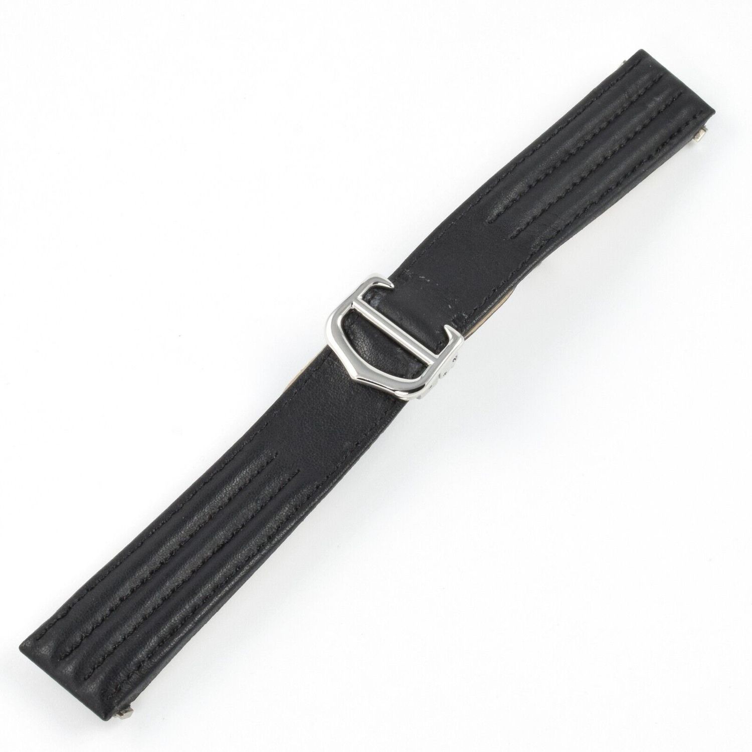Genuine Cartier Roadster black calf leather 19mm watch strap with stainless steel clasp – fits Cartier Roadster 2510, 2524 and 3405 models
