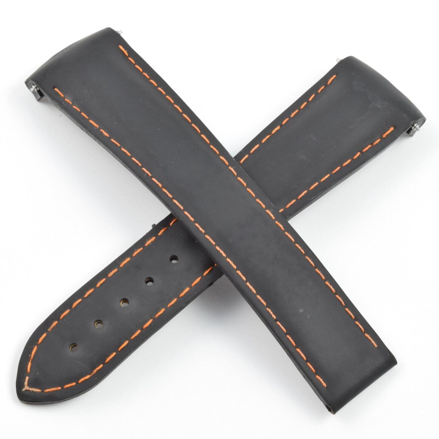 Genuine Omega Planet Ocean black rubber watch strap with orange stitching, measuring 22mm at the lugs and tapering to 18mm at the buckle