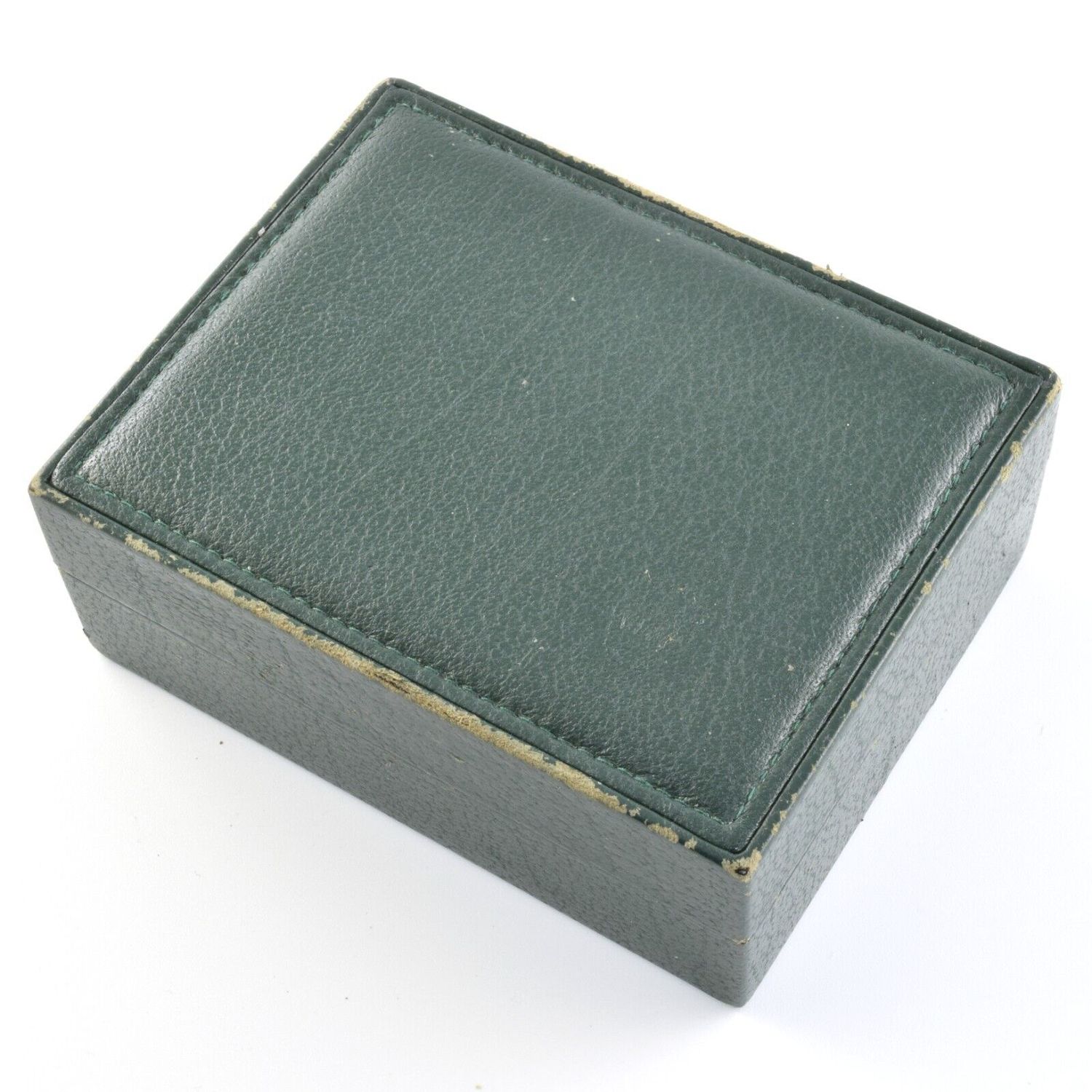 Authentic Rolex vintage green leather watch box model 11.00.01 with signs of wear on edges, used for Submariner, Daytona, Explorer, and GMT models