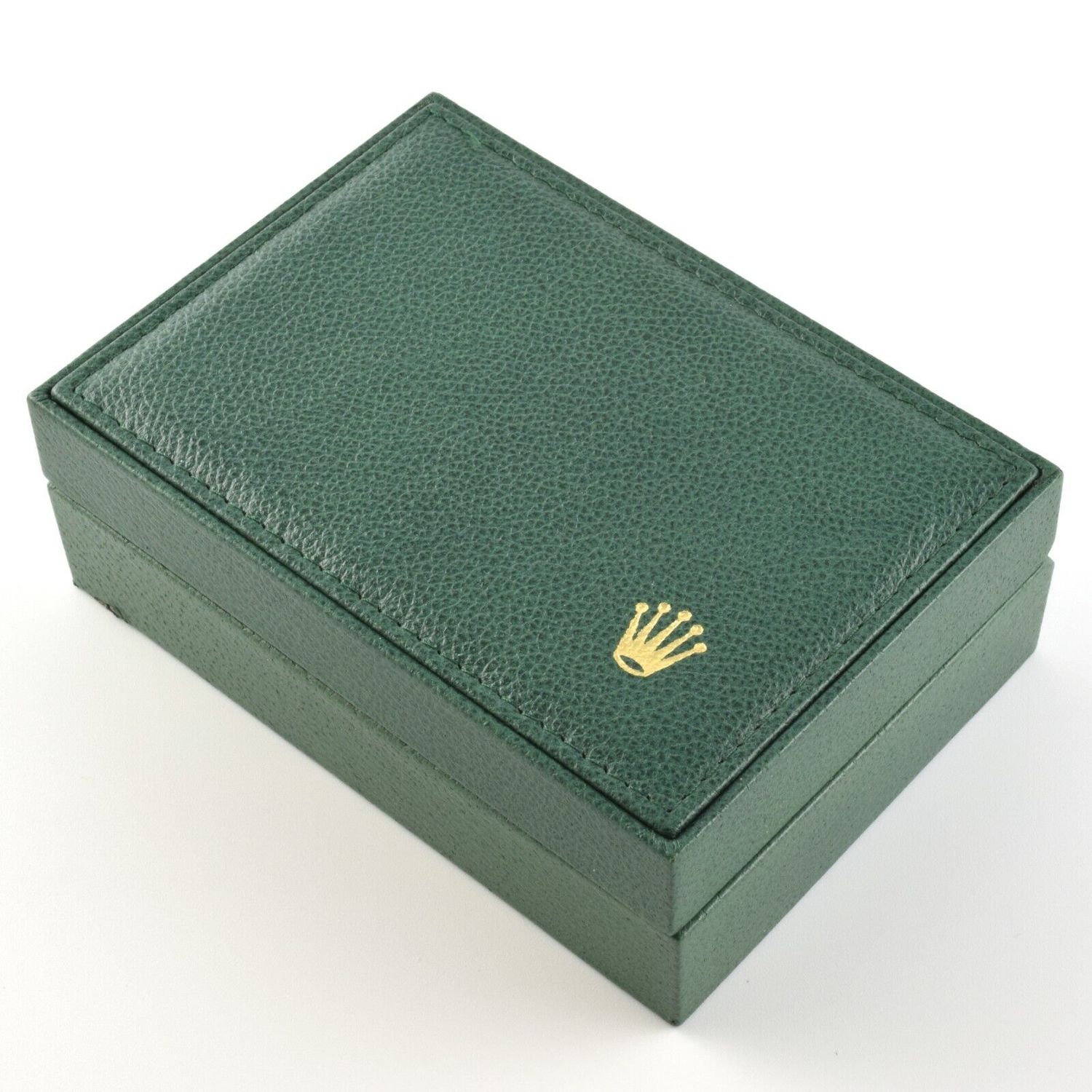 Authentic Rolex vintage green leather and wood watch storage box, model 68.00.08, with gold crown logo on the lid