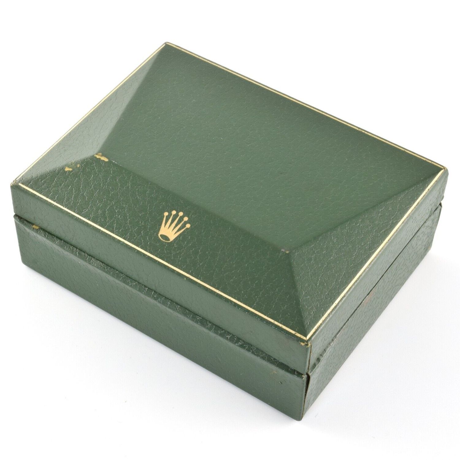 Rolex vintage green leather and wood watch box model 10.00.1 with gold crown logo and visible wear