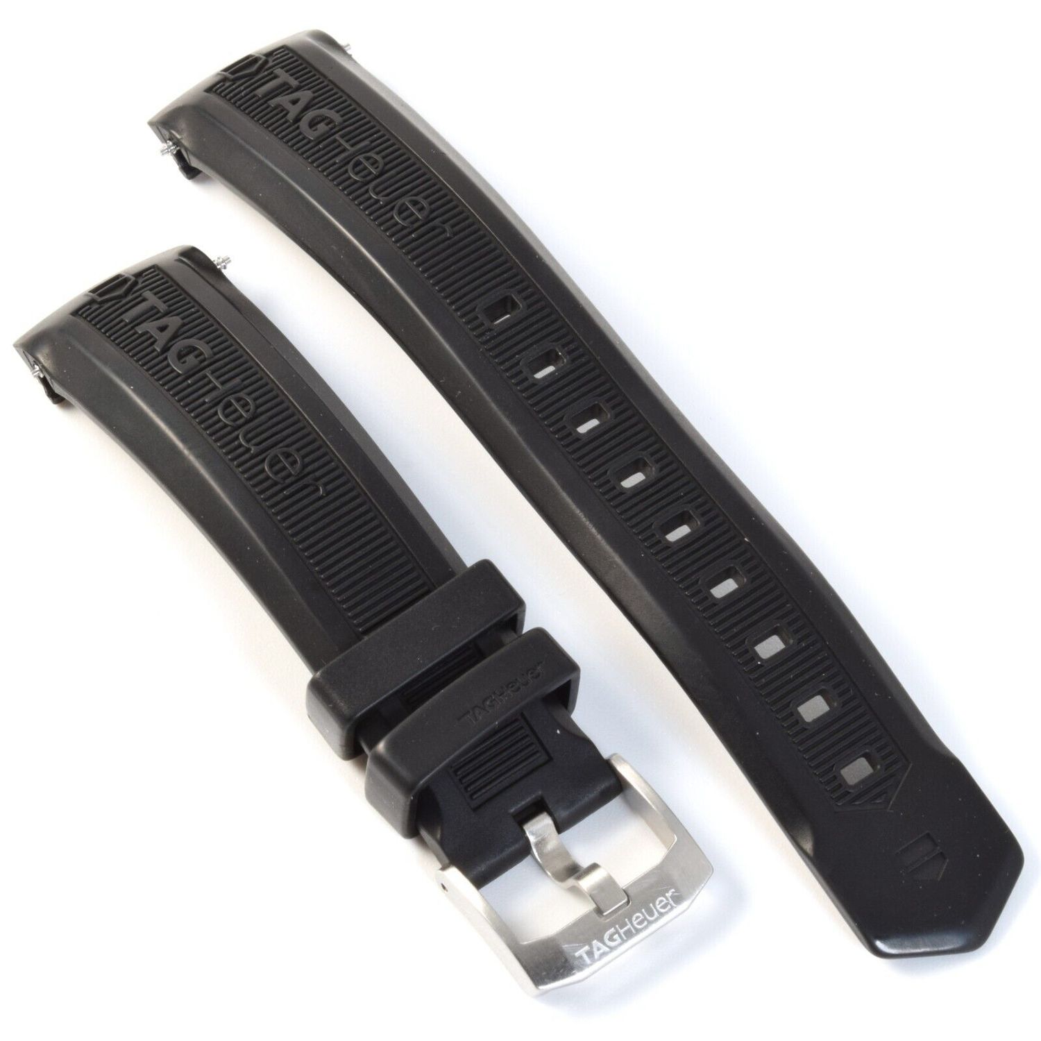 TAG Heuer Aquaracer Chronograph black rubber watch strap with 21mm width, featuring BT0712/FT8011 reference, and branded stainless steel buckle