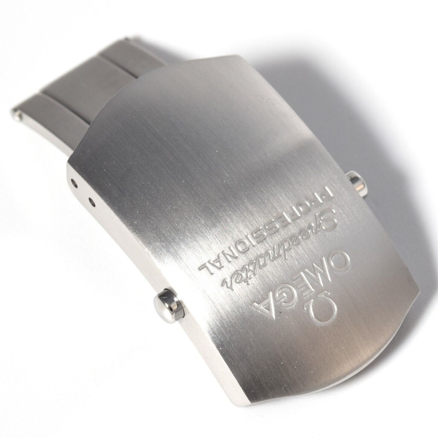 Brushed steel Omega Speedmaster Professional watch buckle clasp engraved with the Omega logo and &quot;Speedmaster PROFESSIONAL.&quot;