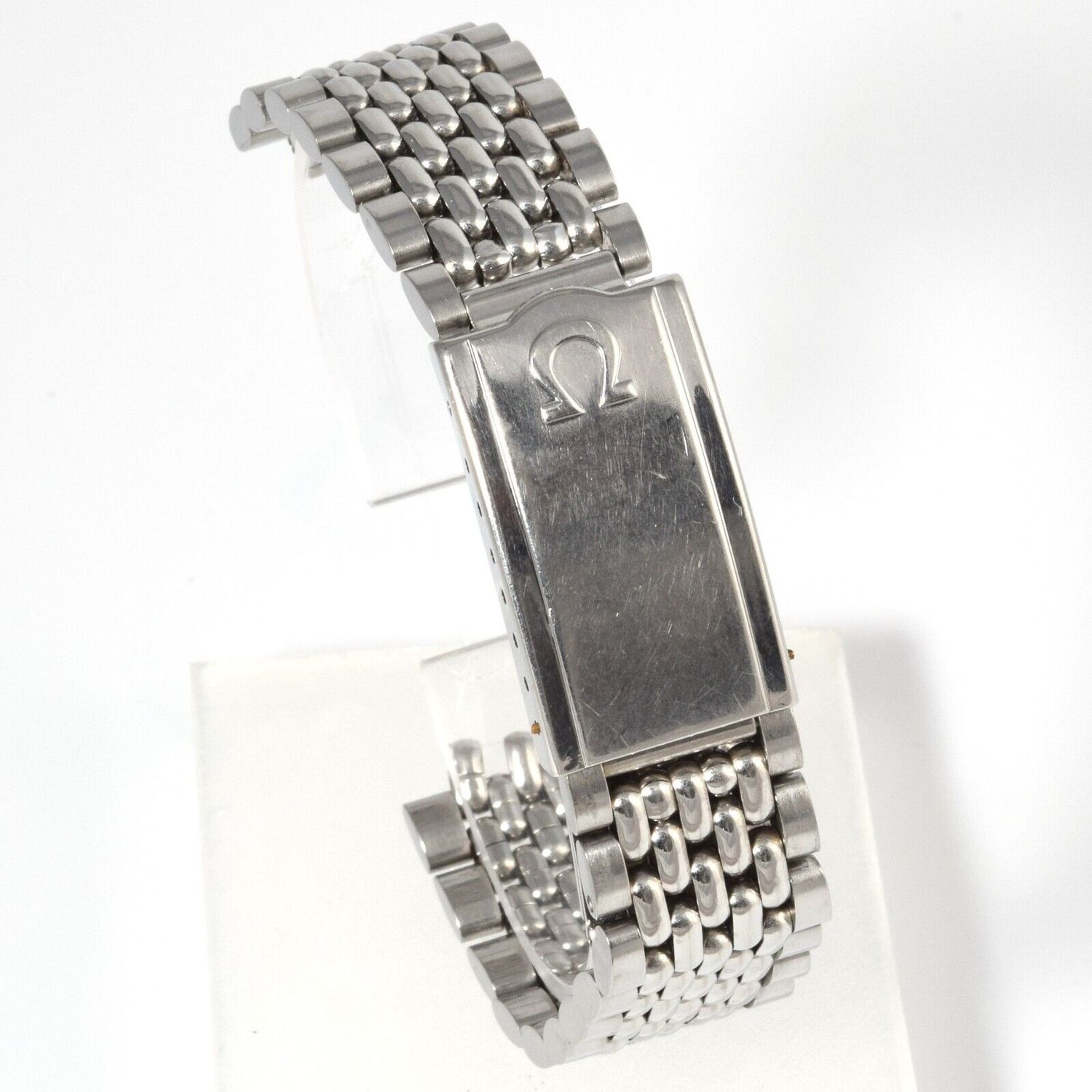 Authentic Omega vintage beads of rice steel watch bracelet with 8220 clasp, 17.5mm wide