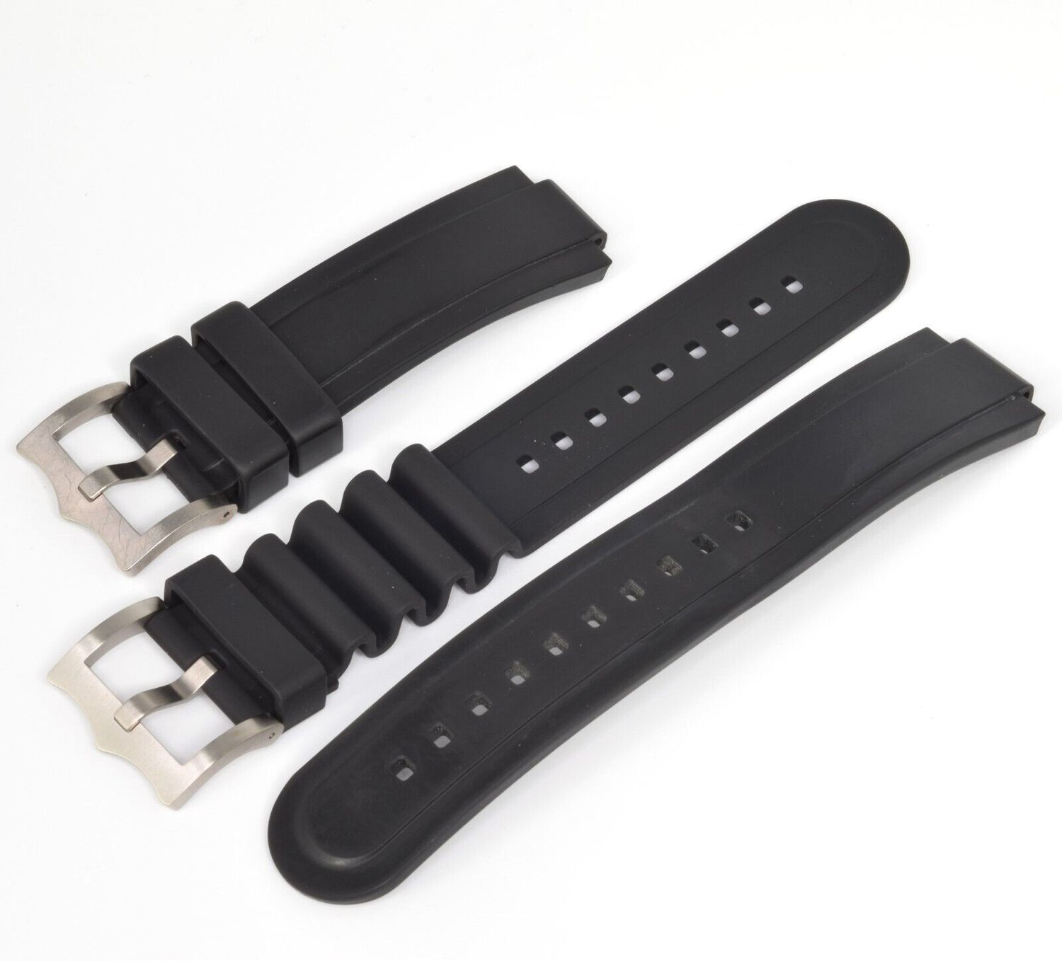 authentic tudor pelagos 42mm black rubber watch strap with stainless steel clasp and separate wetsuit extension piece displayed on white background