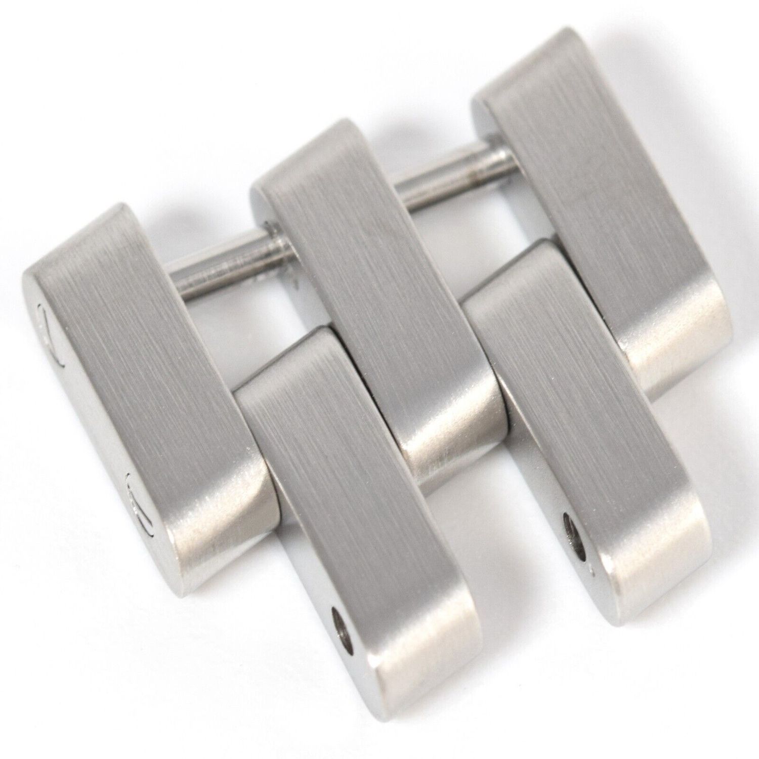 Genuine Breitling 18mm wide brushed steel watch strap link shown from an angled top view with screws in place, suitable for Chronomat and other models with bracelet references including 300A and 301A
