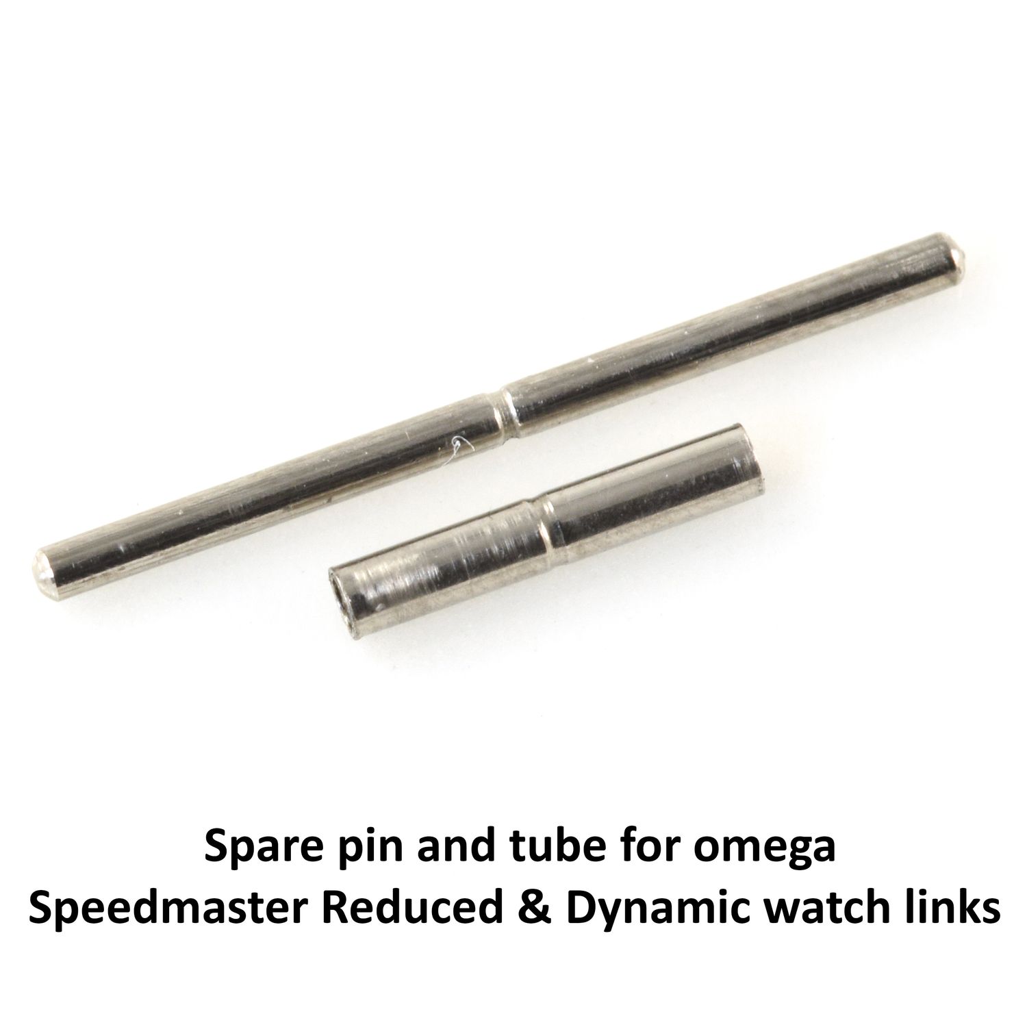 Close-up of a stainless steel spare pin and tube for Omega Speedmaster Reduced and Dynamic watch links with the text “Spare pin and tube for omega Speedmaster Reduced &amp; Dynamic watch links”