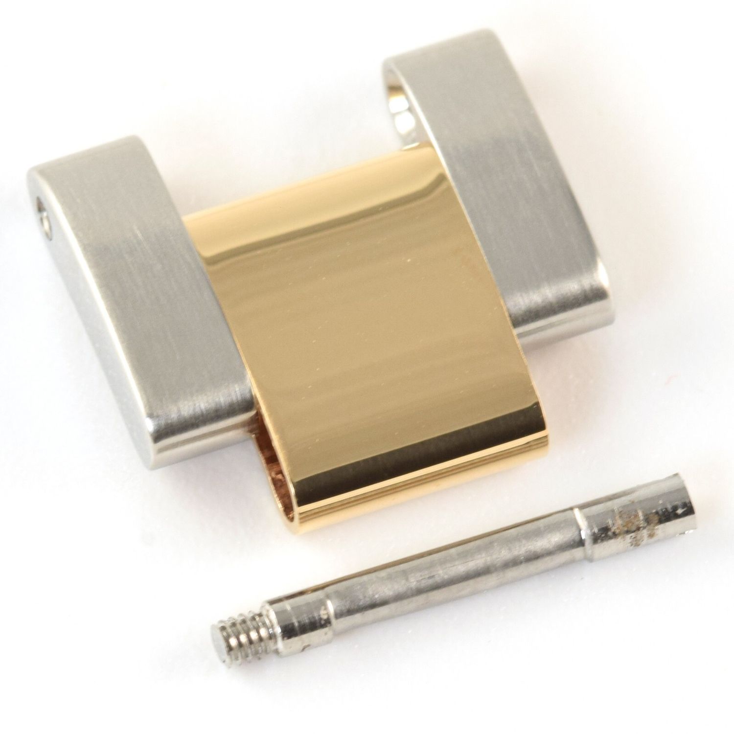 Ladies Rolex steel and 18ct gold 14mm Oyster watch link with brushed steel edges and polished gold hollow centre shown with original Rolex screw