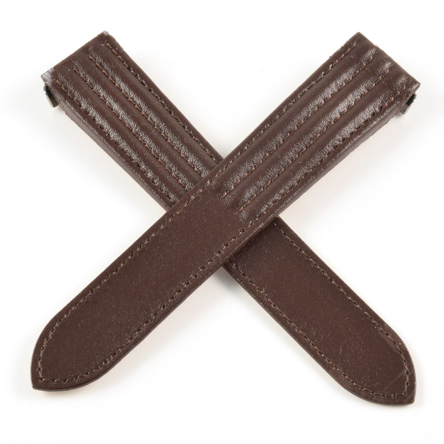 Brown calf leather Cartier Roadster XL watch strap with three stitched ridges on each side and visible damage at the top ends where it connects to the watch