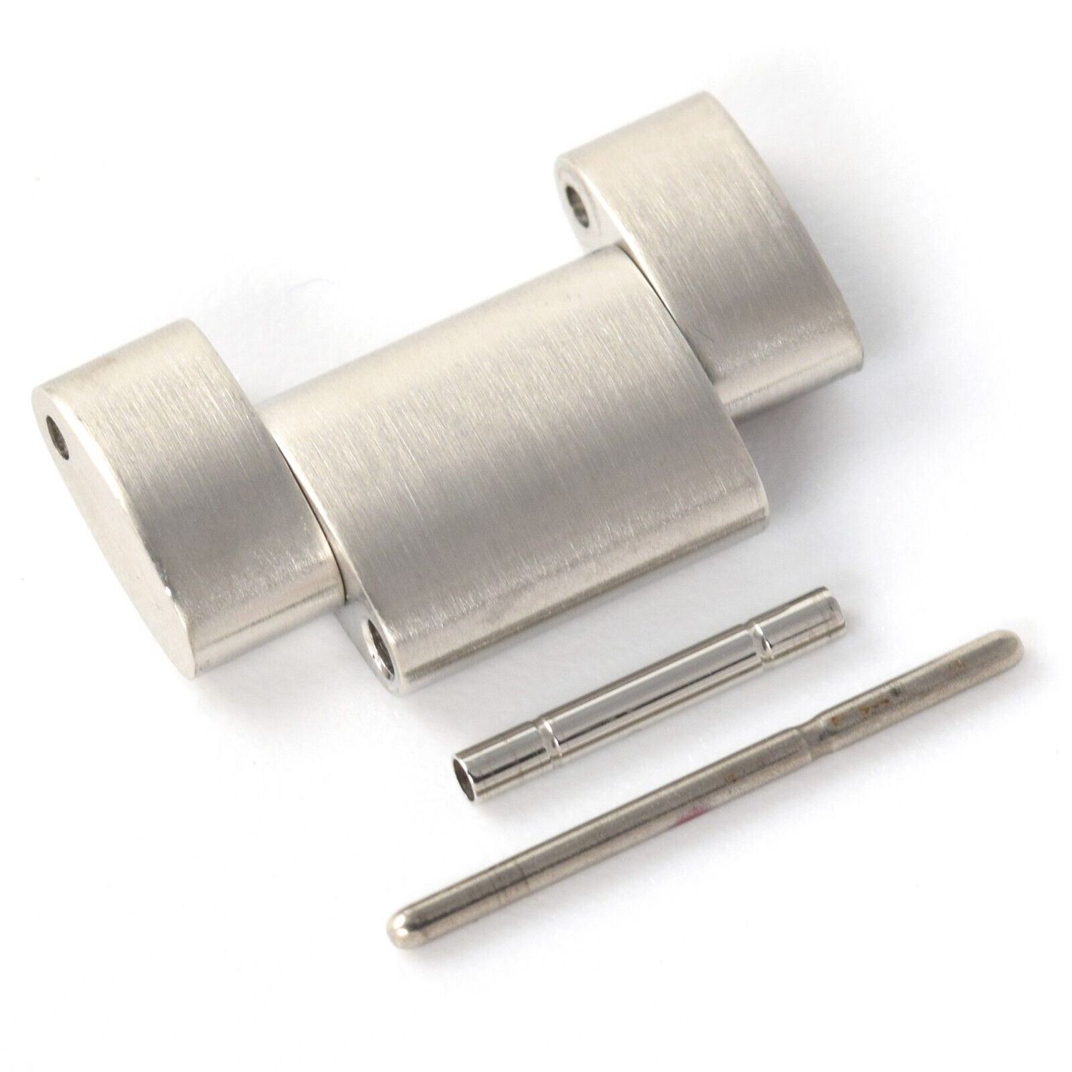 Omega Aqua Terra stainless steel watch link 17mm wide with original pin and tube shown on white background, link from clasp stamped 1574/898