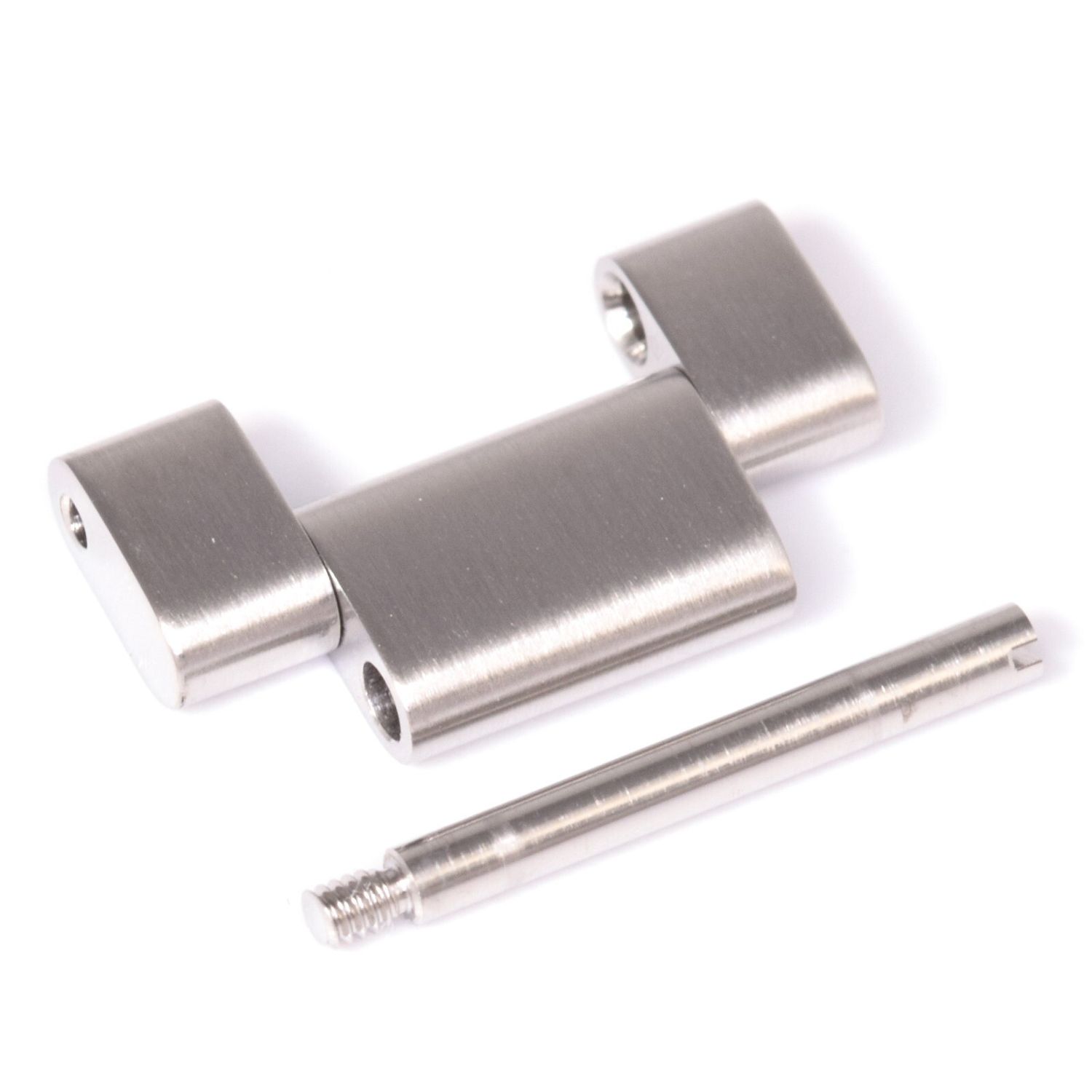 New genuine Rolex Oyster half link in brushed stainless steel with polished sides shown with original Rolex screw on white background
