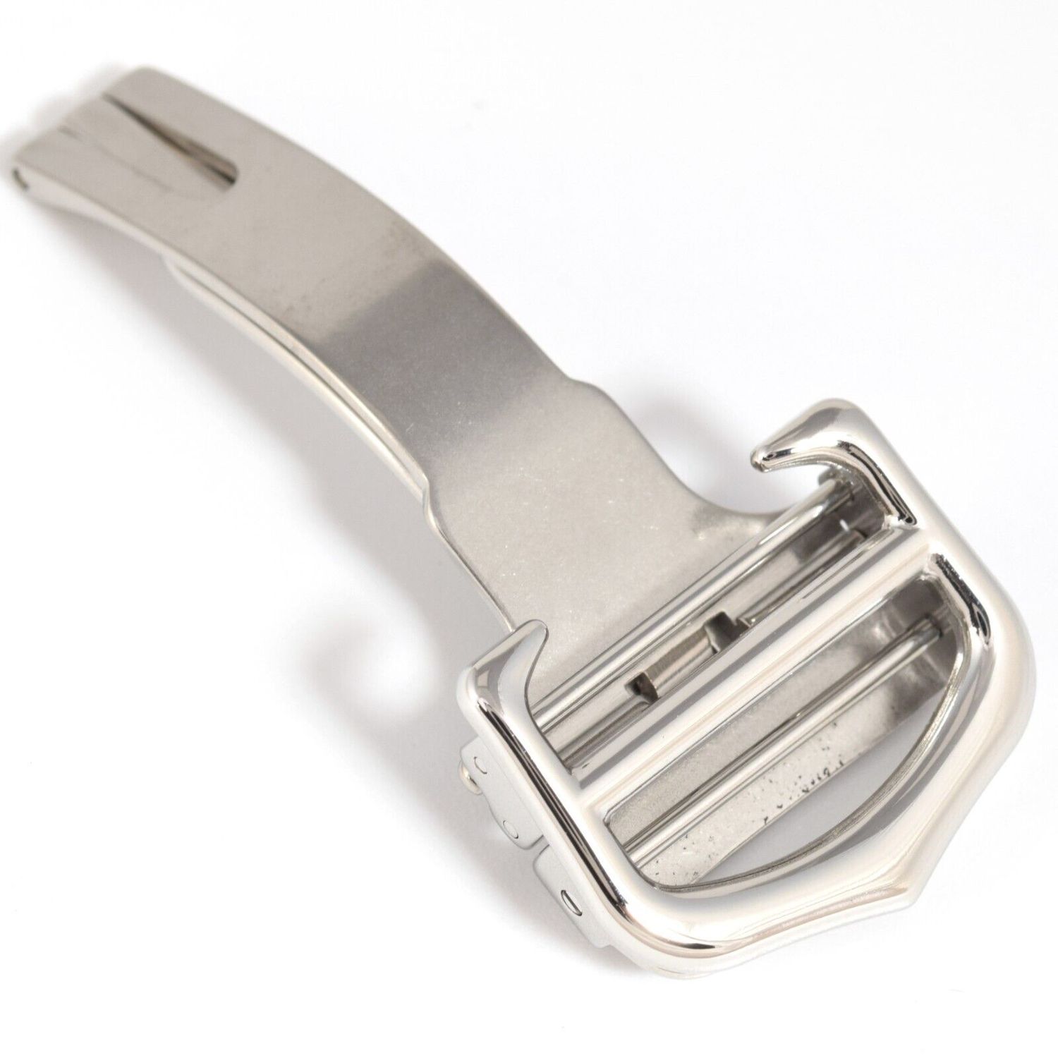 authentic Cartier Roadster gents stainless steel watch clasp with 18mm wide buckle and polished curved edges shown from top angle