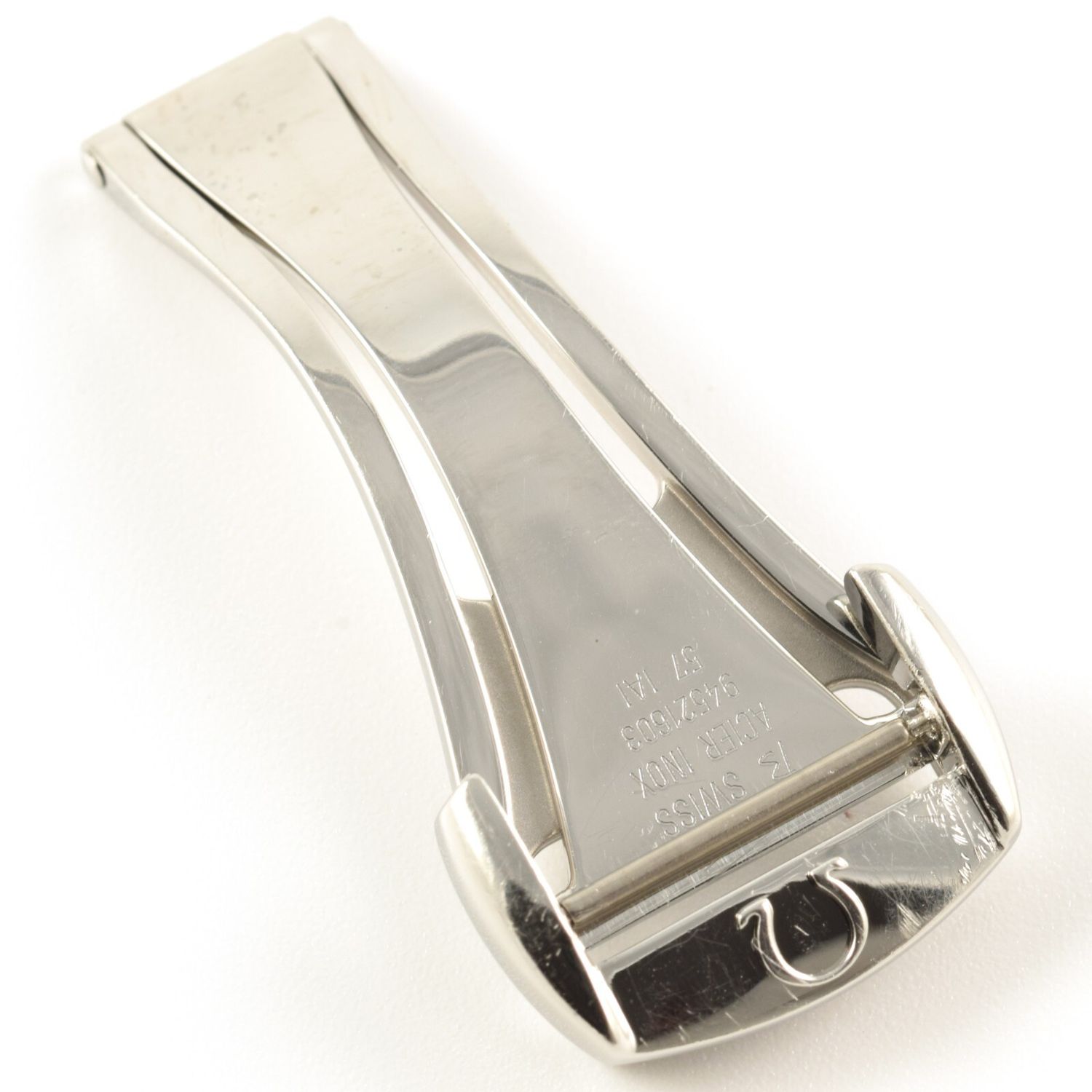 Authentic Omega 94521603 stainless steel deployment watch clasp with Omega horseshoe logo, stamped with ACIER INOX, 94521603 and 57 IAI