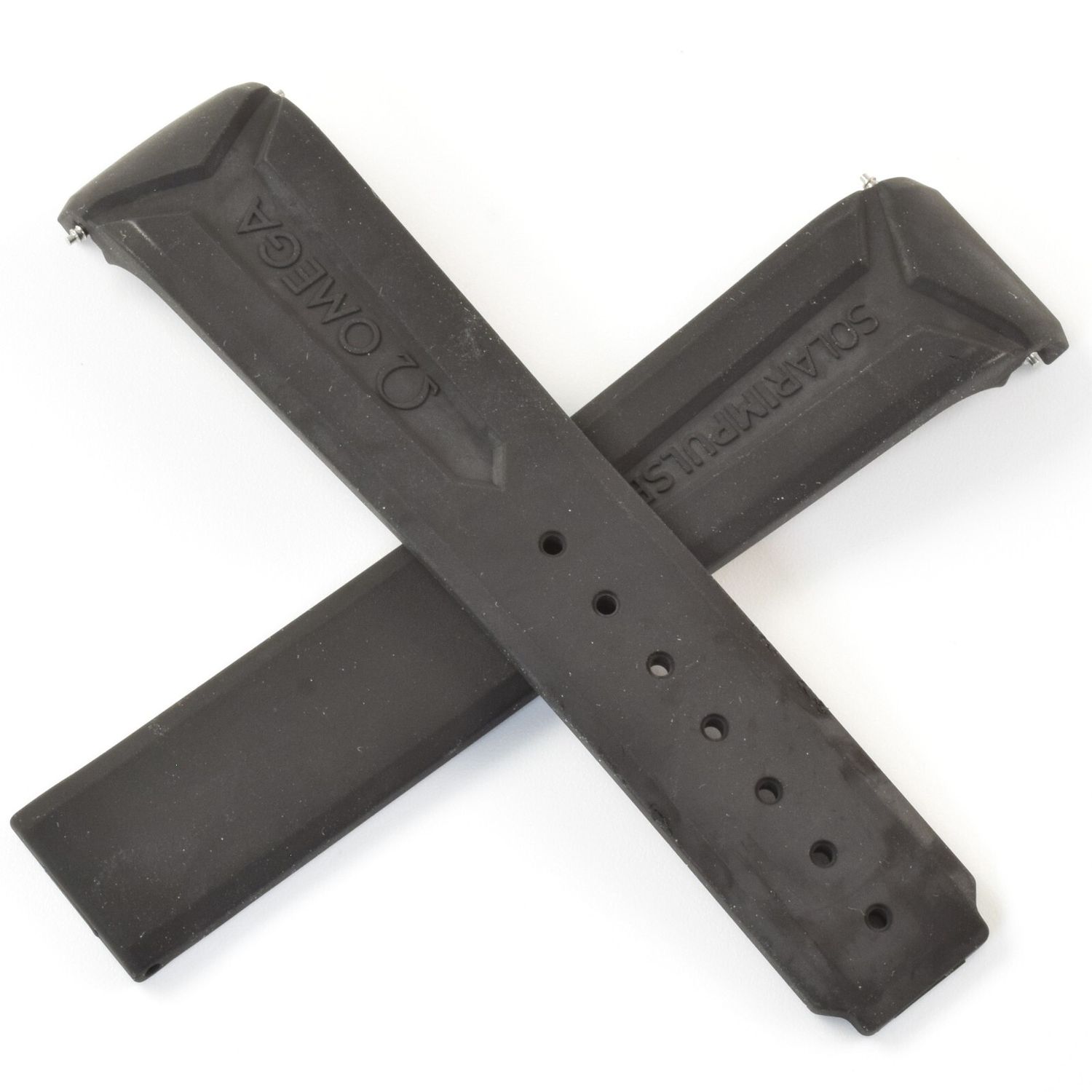 Authentic Omega black rubber watch strap with “OMEGA” on one piece and “SOLAR IMPULSE” on the other, model 98000280 with visible spring bars