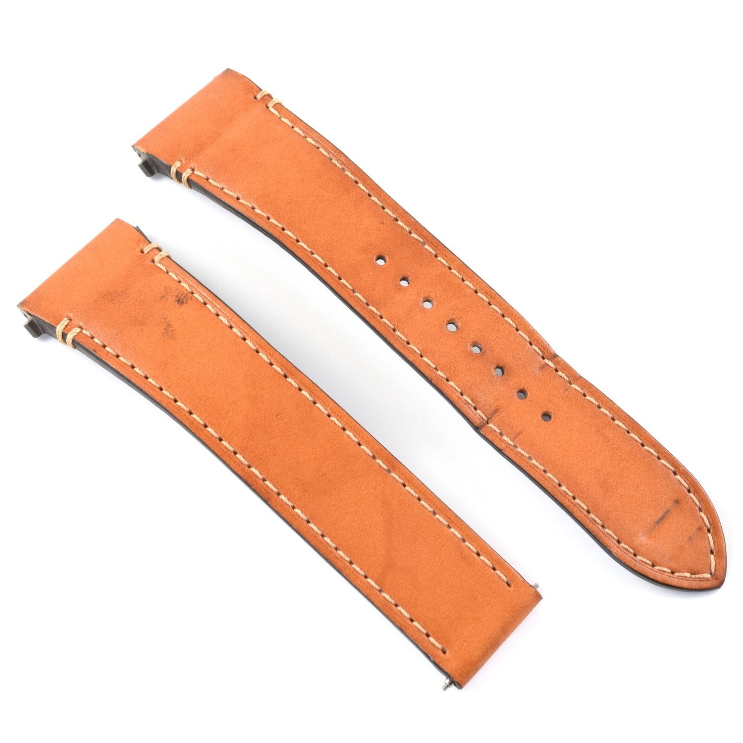 Authentic Cartier Santos 4072 large model watch strap in tan calf leather with white stitching and QuickSwitch ends, showing buckle holes and light signs of wear