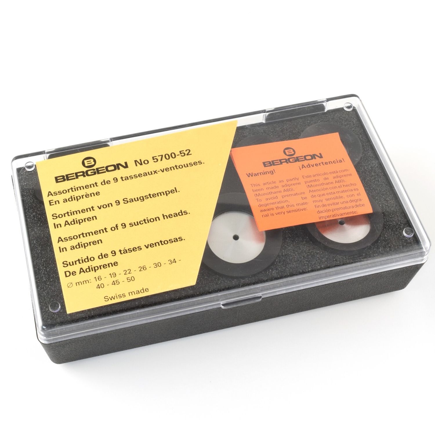 New Bergeon 5700-52 set of 9 round watch suction dies in soft Adiprene, sealed in a black case with yellow and orange product labels visible on top