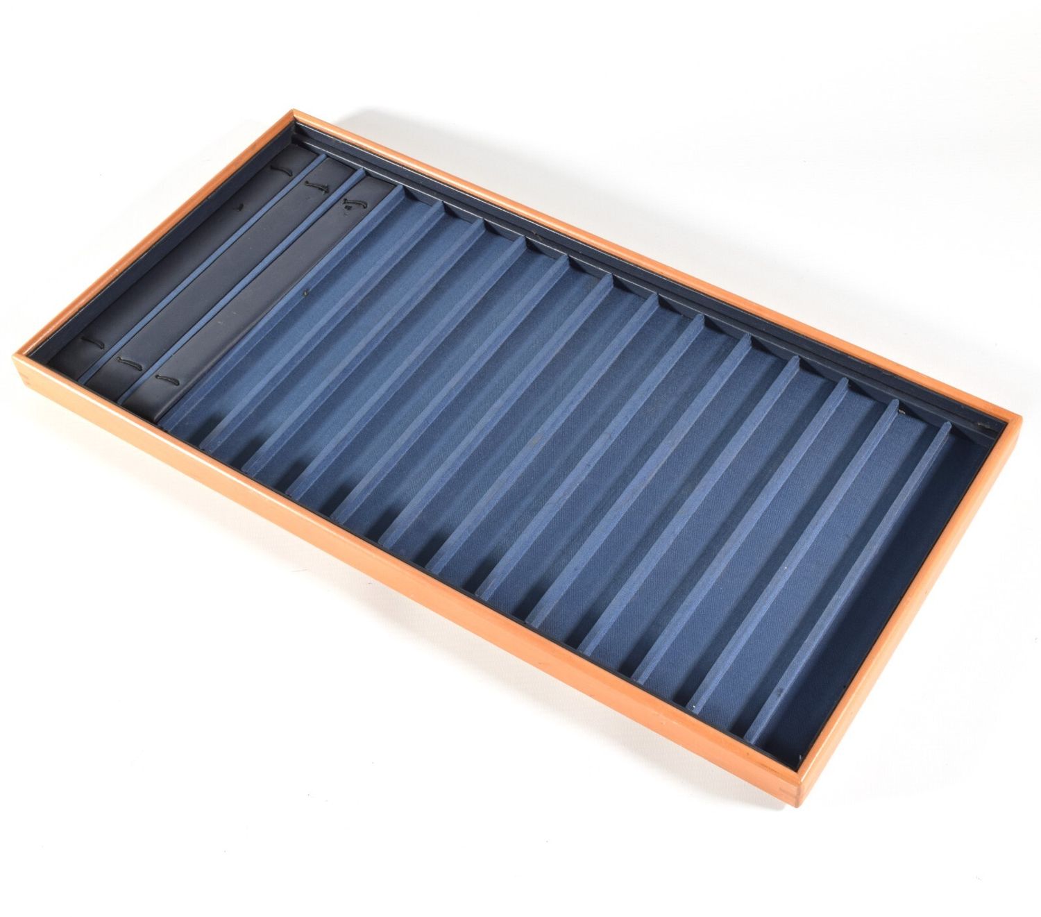 Wood and leather watch strap display tray by Quality Presentations with orange wooden outer frame and blue leather-lined interior featuring multiple ridges for strap placement