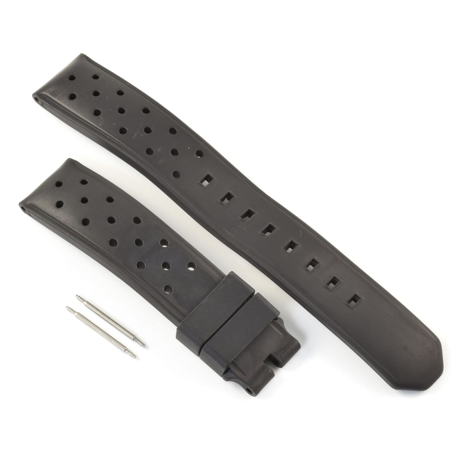 2x stainless steel spring bars to fit TAG Heuer F1 21.5mm lugs shown next to black perforated rubber strap