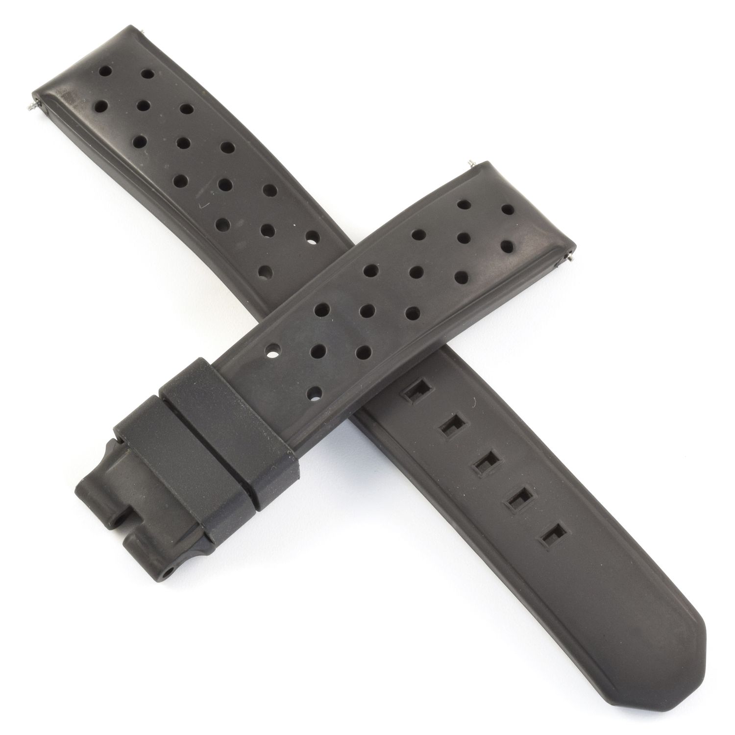 Authentic TAG Heuer black rubber FT8024 BT0724 watch strap with perforated design and replacement keepers, both parts crossed
