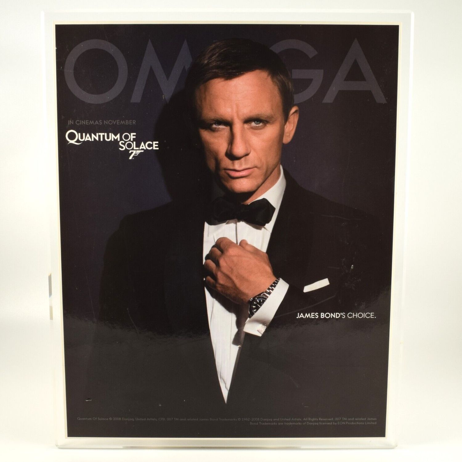 Omega Quantum of Solace dealer display with Daniel Craig in tuxedo wearing Omega watch and James Bond’s Choice text