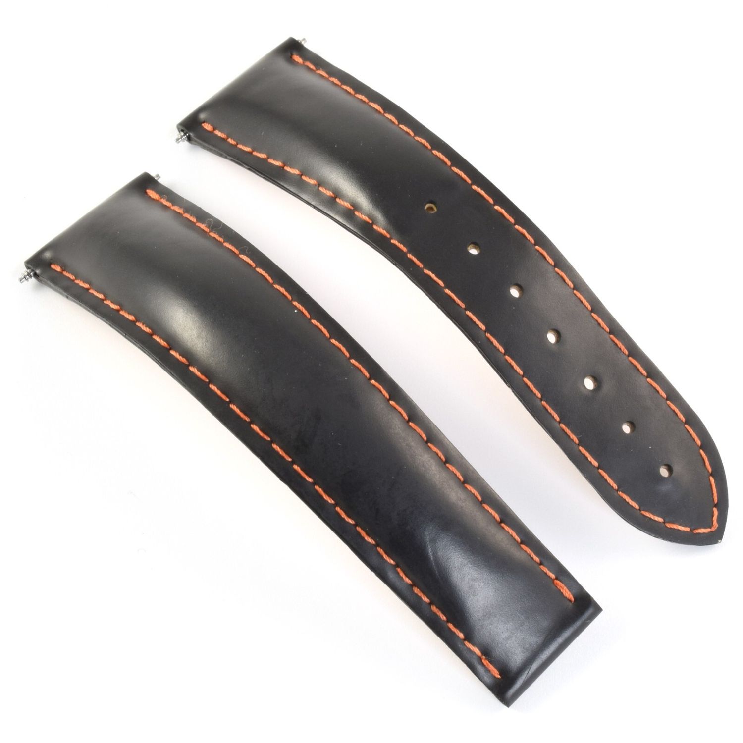 Omega black rubber watch strap with orange stitching model 98000198 showing both strap pieces on white background