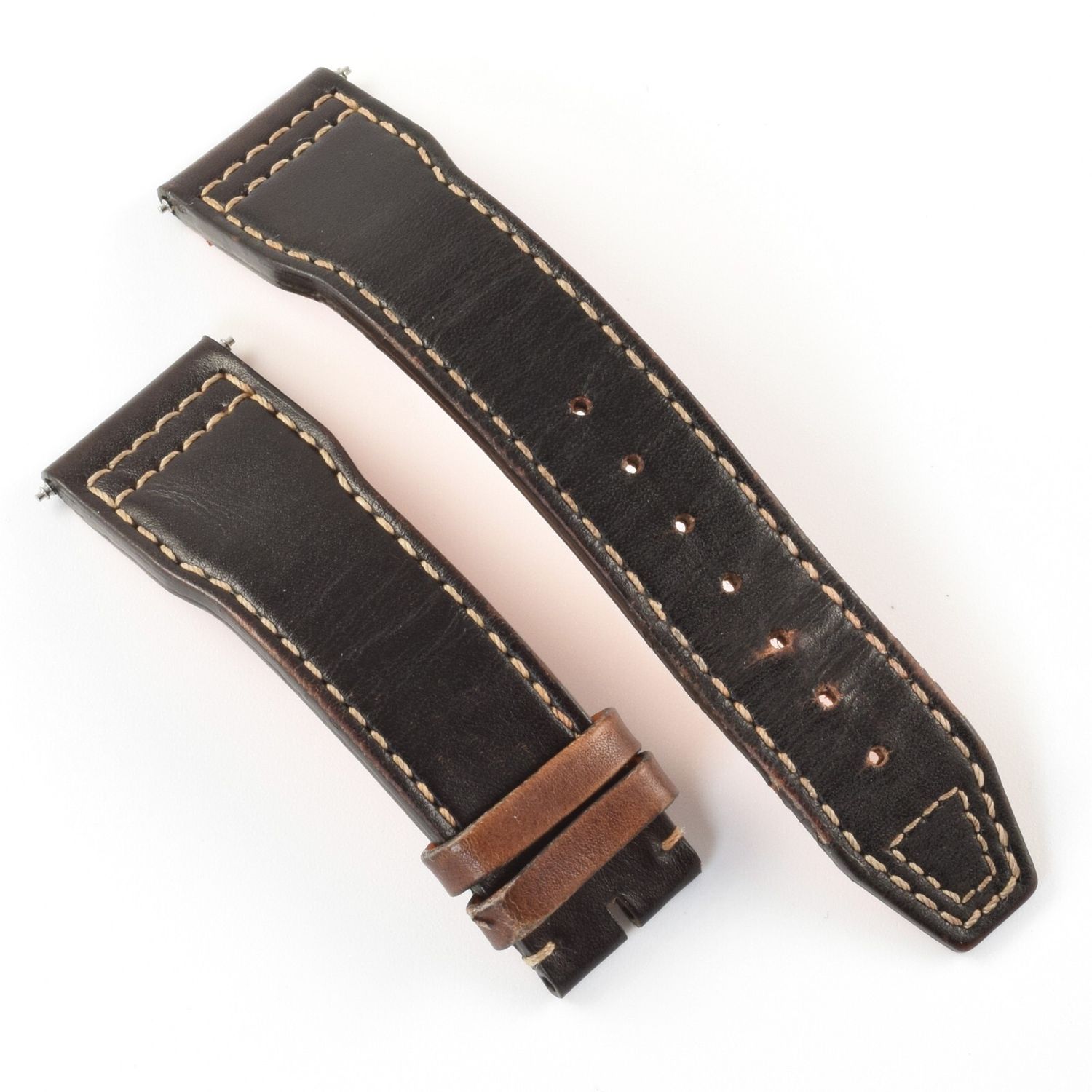 IWC Santoni brown calf leather watch strap 21mm to 18mm with cream stitching shown flat on white background