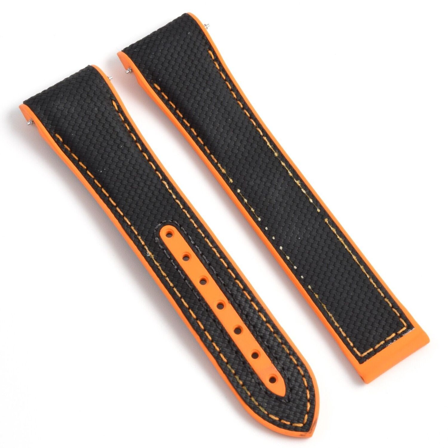 Omega CVZ005306 black fabric watch strap with orange rubber underside and stitching shown flat on white background