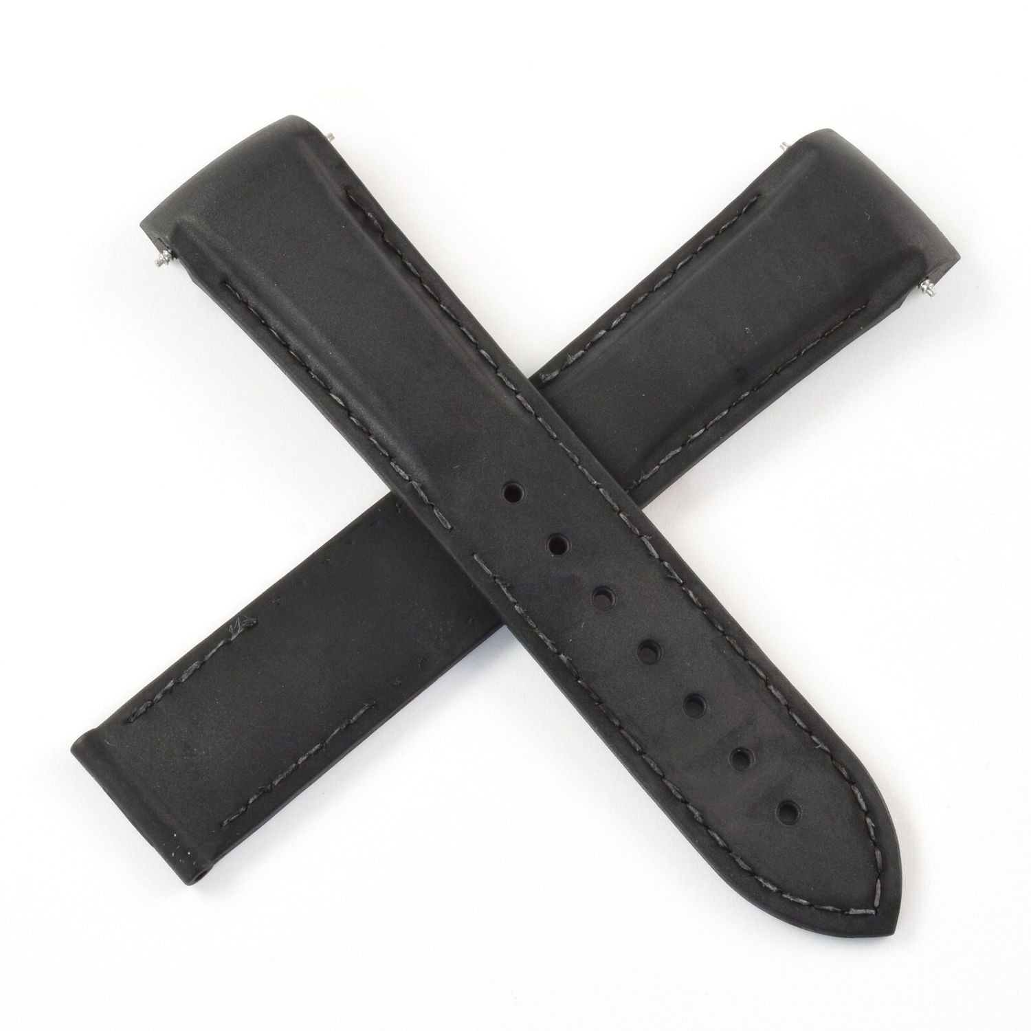Black Omega Planet Ocean rubber watch strap with curved ends, black stitching, and visible spring bars