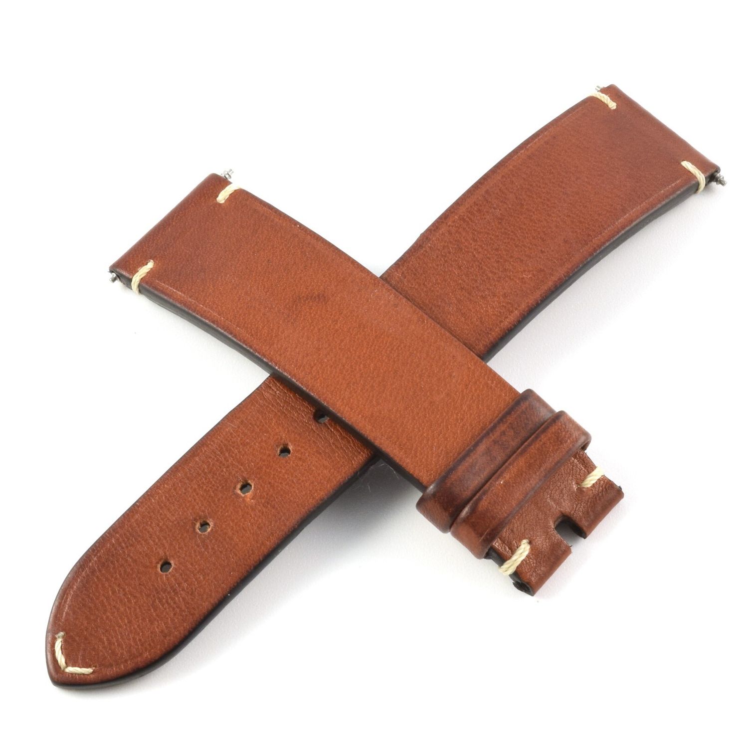 Brown Omega Speedmaster calf leather watch strap with cream stitching, keeper loops and 5 holes on short piece