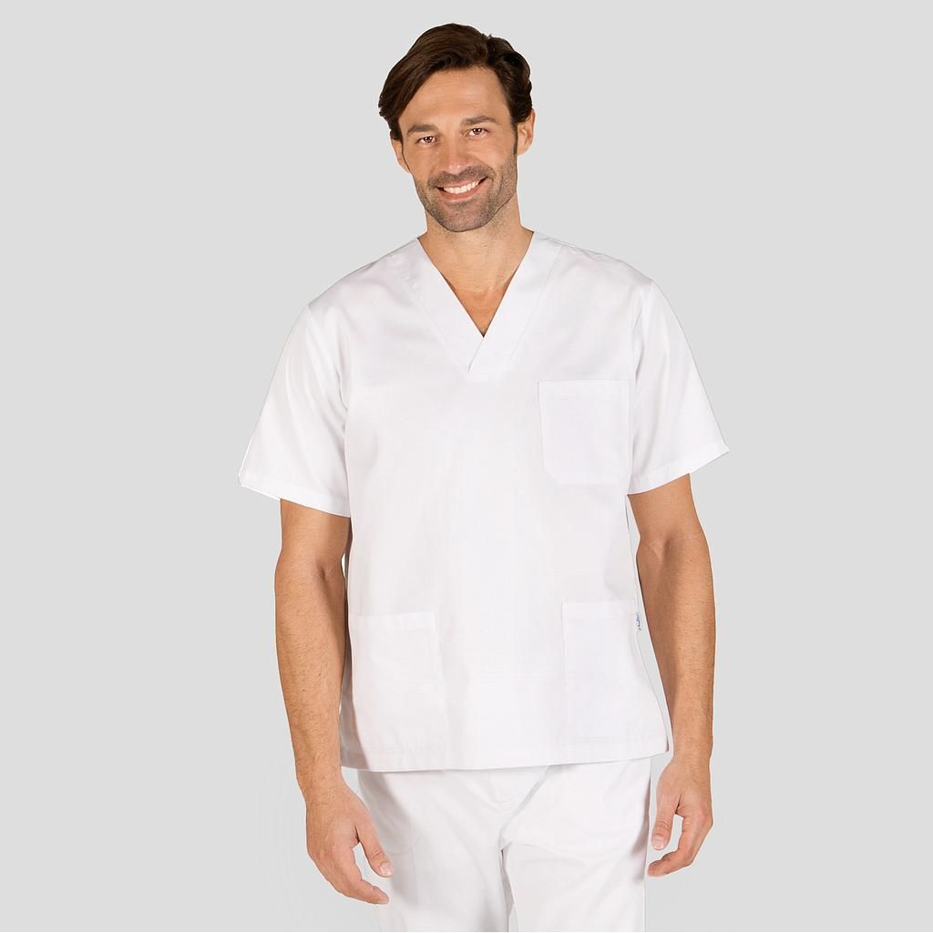 Blusa sanitaria UNISEX manga corta cuello pico blanca sarga