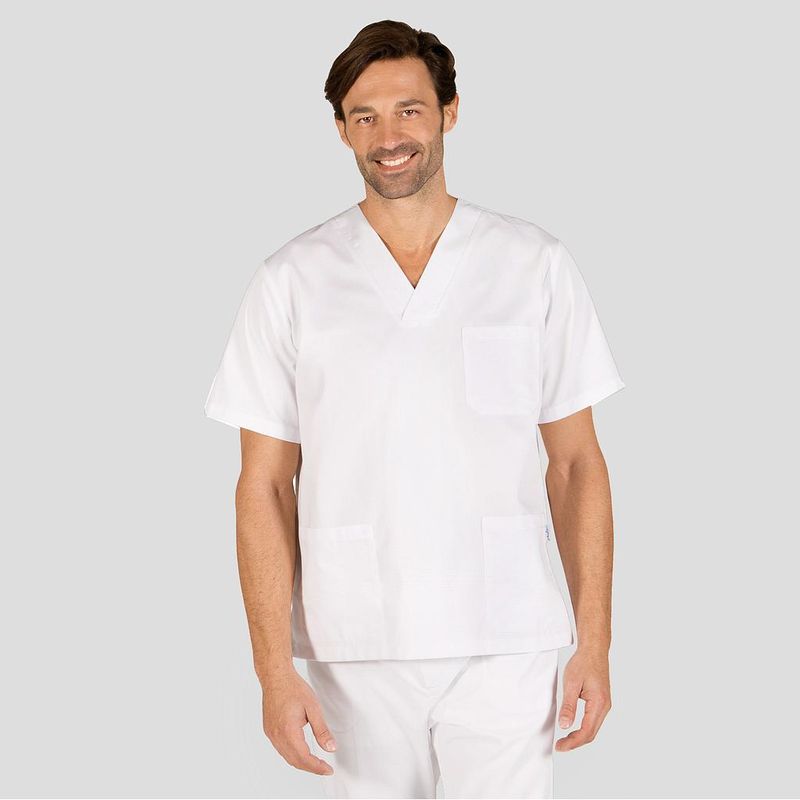 Blusa sanitaria UNISEX manga corta cuello pico blanca sarga
