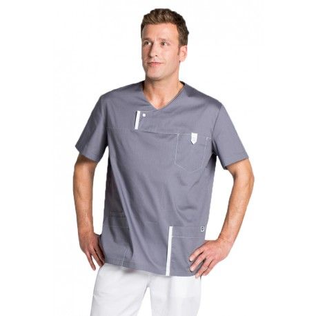 Dy. Casaca sanitaria cro m/c color gris/ blanco